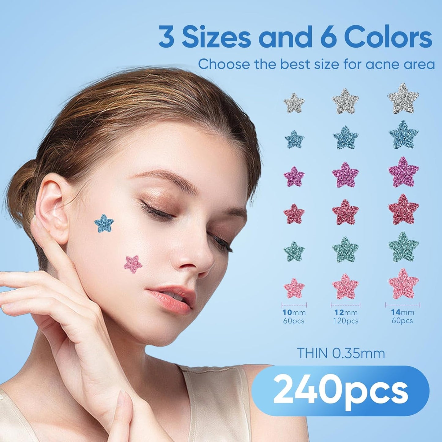 Pimple Patches for Face, Hydrocolloid Acne Patches, Sparkling Star Zit Covers, Colorful Spot Stickers with Tea Tree, Salicylic Acid & Cica Oil| 3 Sizes (10Mm, 12Mm & 14Mm) |240 Count