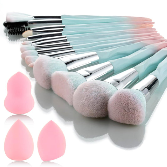 Pink Blue Gradient Makeup Brushes and Makeup Sponges Set 18Pcs/Set ，Soft Synthetic Fiber Makeup Brush Set，Suitable for Beginners/Makeup Artists, Valentine'S Day, Christmas Gifts